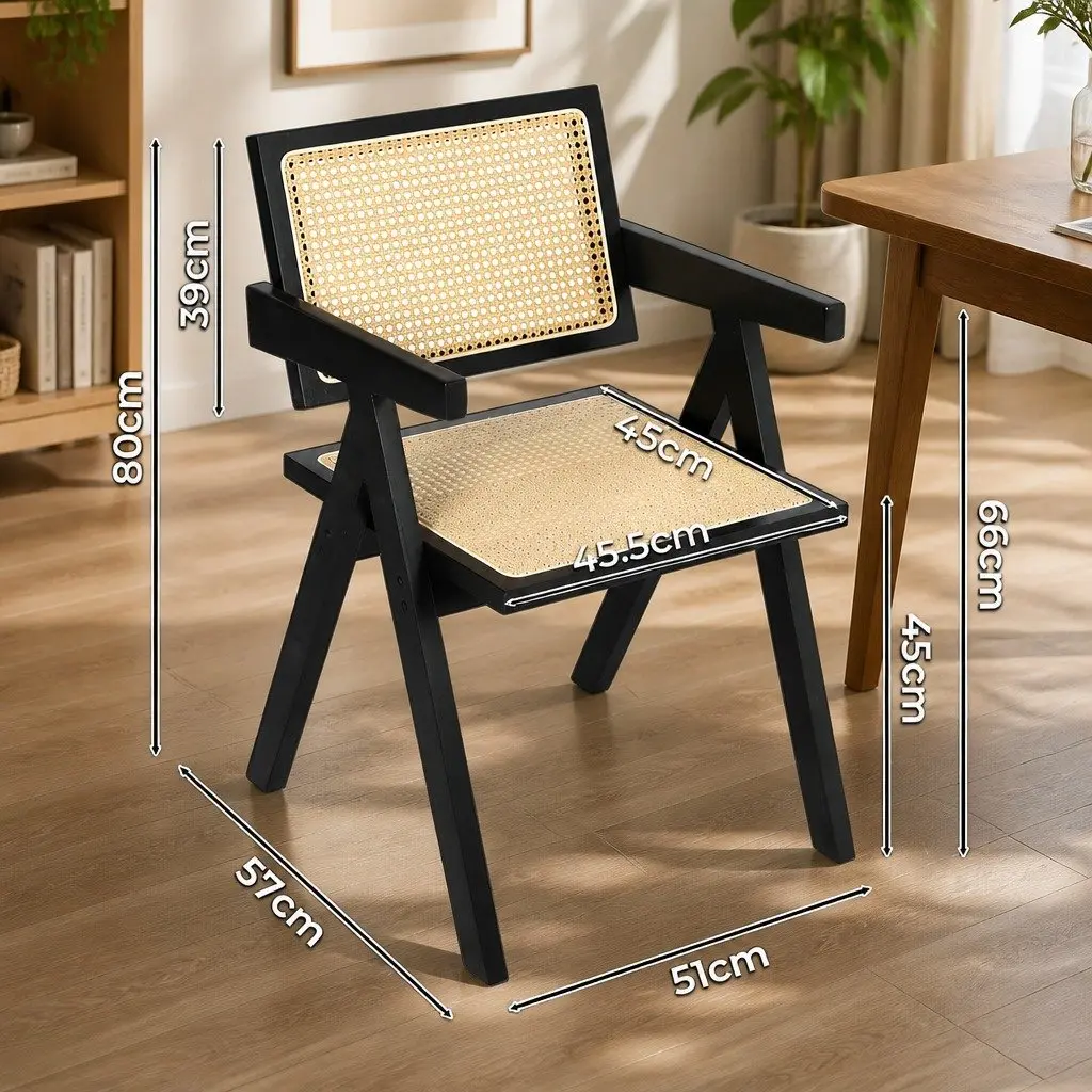 Dining Chair Wicker Armchair Black Rattan Backrest Solid Rubber Wood Frame Double Layer Elastic Cushion