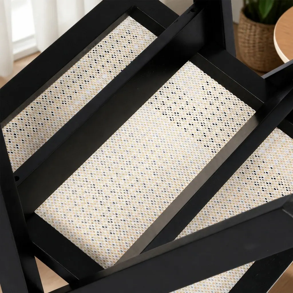 Dining Chair Wicker Armchair Black Rattan Backrest Solid Rubber Wood Frame Double Layer Elastic Cushion
