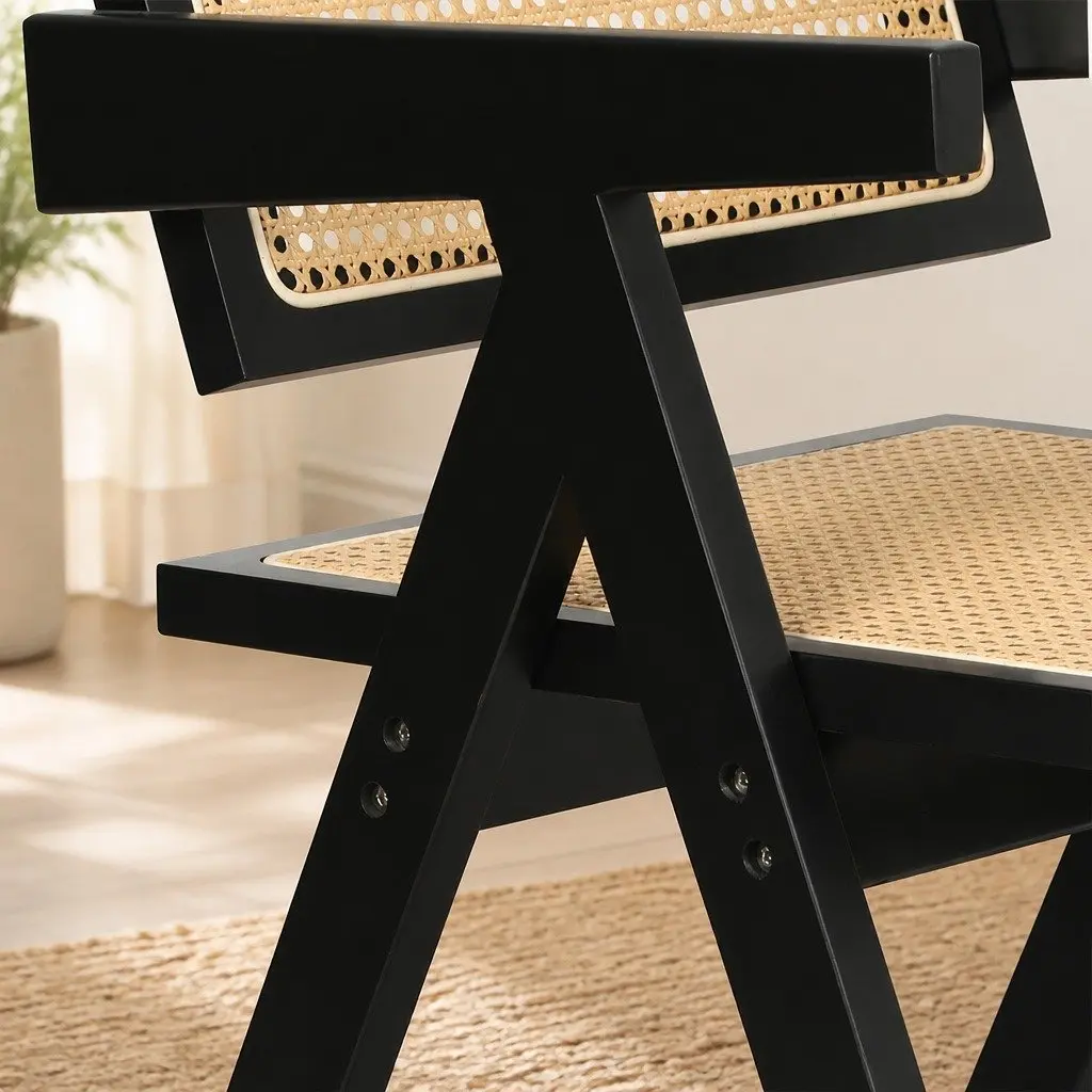 Dining Chair Wicker Armchair Black Rattan Backrest Solid Rubber Wood Frame Double Layer Elastic Cushion