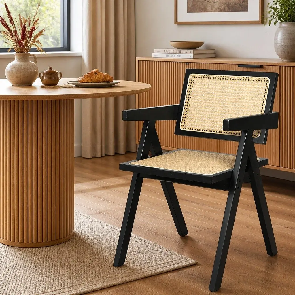 Dining Chair Wicker Armchair Black Rattan Backrest Solid Rubber Wood Frame Double Layer Elastic Cushion