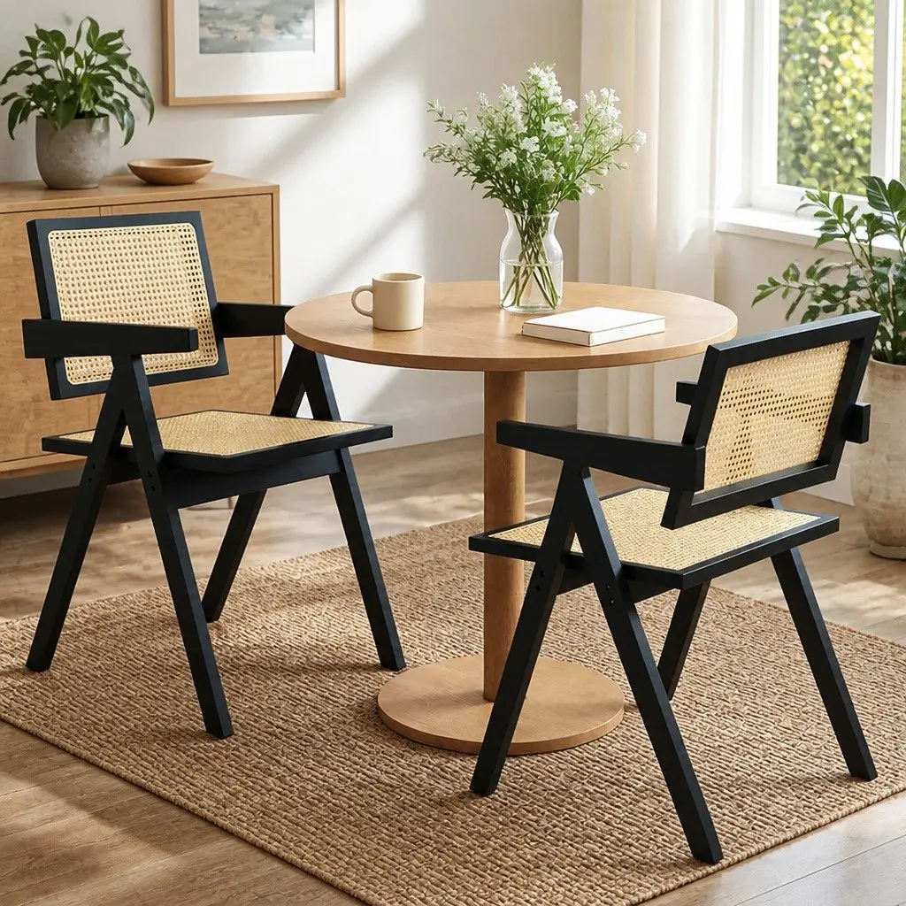 Dining Chair Wicker Armchair Black Rattan Backrest Solid Rubber Wood Frame Double Layer Elastic Cushion