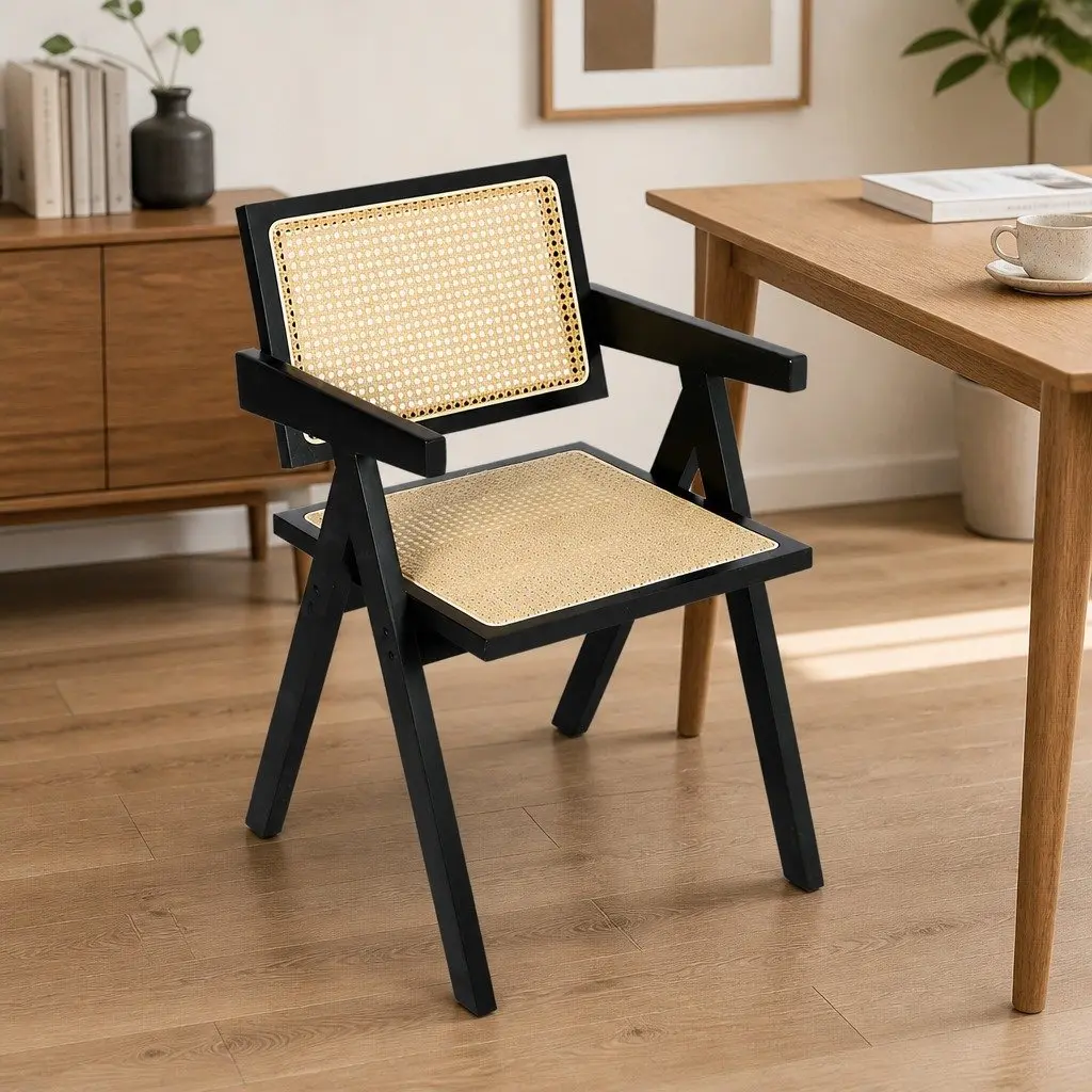 Dining Chair Wicker Armchair Black Rattan Backrest Solid Rubber Wood Frame Double Layer Elastic Cushion