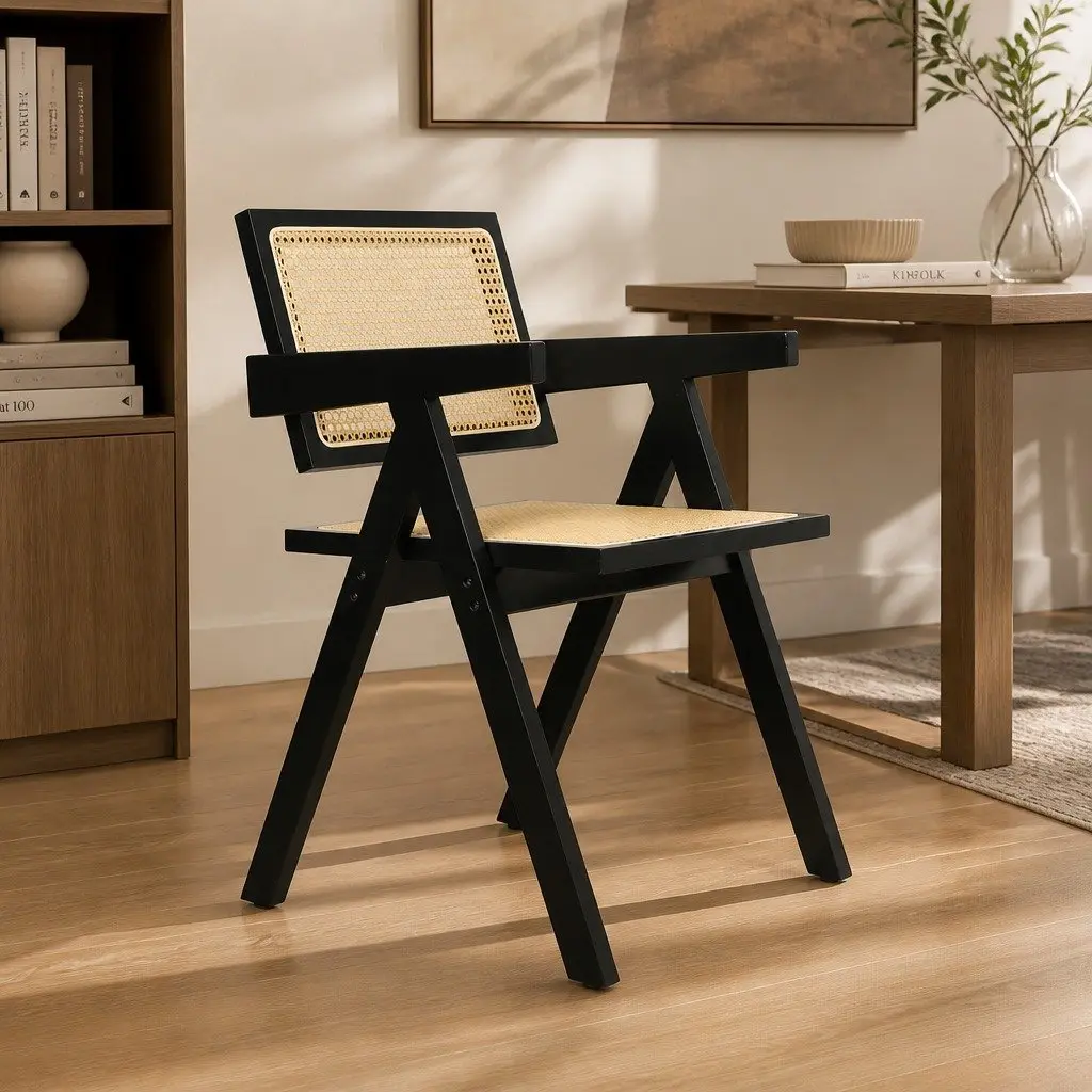 Set of 4 Black Dining Chairs with Rattan Backrest and Wooden Frame for Lounge and Dining Use