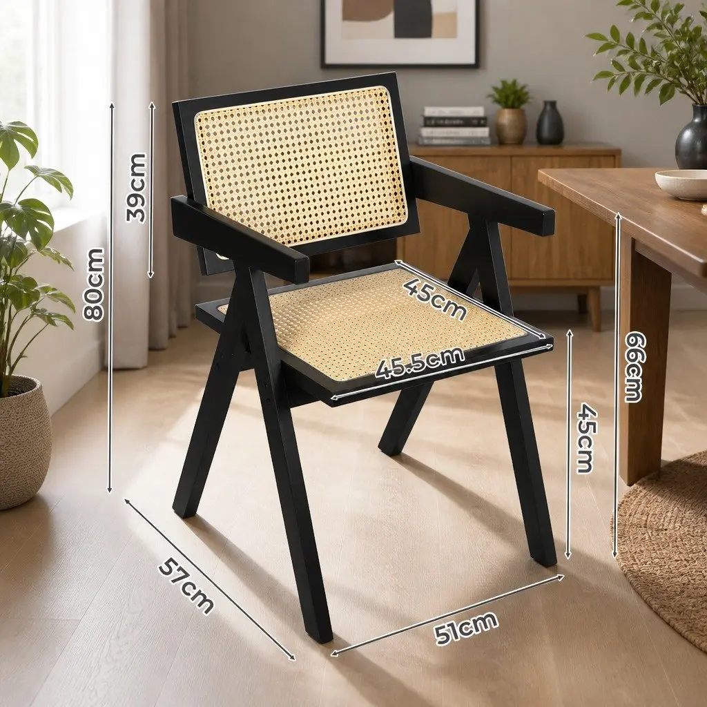 Set of 4 Black Dining Chairs with Rattan Backrest and Wooden Frame for Lounge and Dining Use