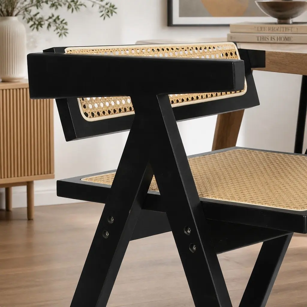 Set of 4 Black Dining Chairs with Rattan Backrest and Wooden Frame for Lounge and Dining Use