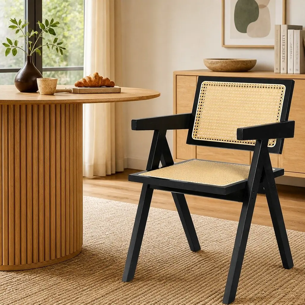 Set of 4 Black Dining Chairs with Rattan Backrest and Wooden Frame for Lounge and Dining Use