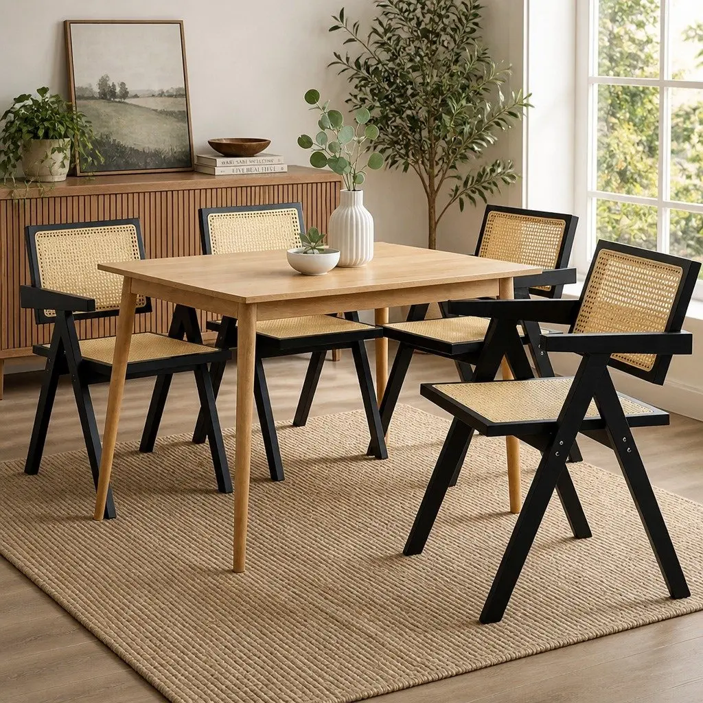 Set of 4 Black Dining Chairs with Rattan Backrest and Wooden Frame for Lounge and Dining Use