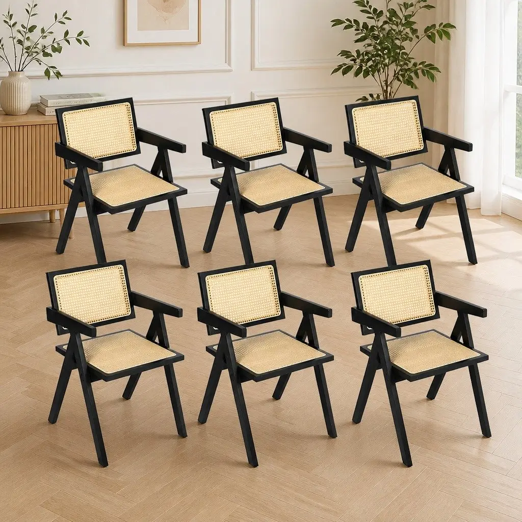Wicker Armchair Dining Chair Set of 6 Black with Rattan Backrest and Double Layer Elastic Seat Cushion