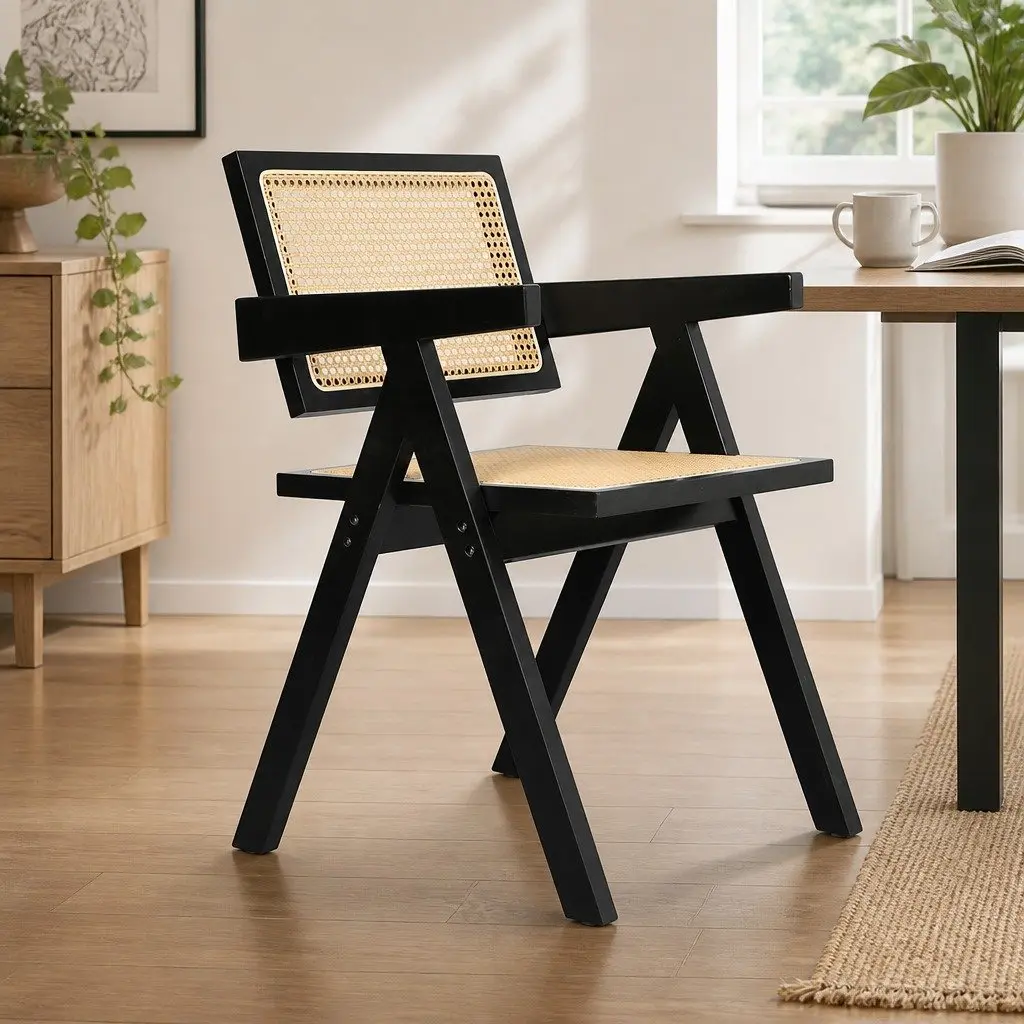 Wicker Armchair Dining Chair Set of 6 Black with Rattan Backrest and Double Layer Elastic Seat Cushion