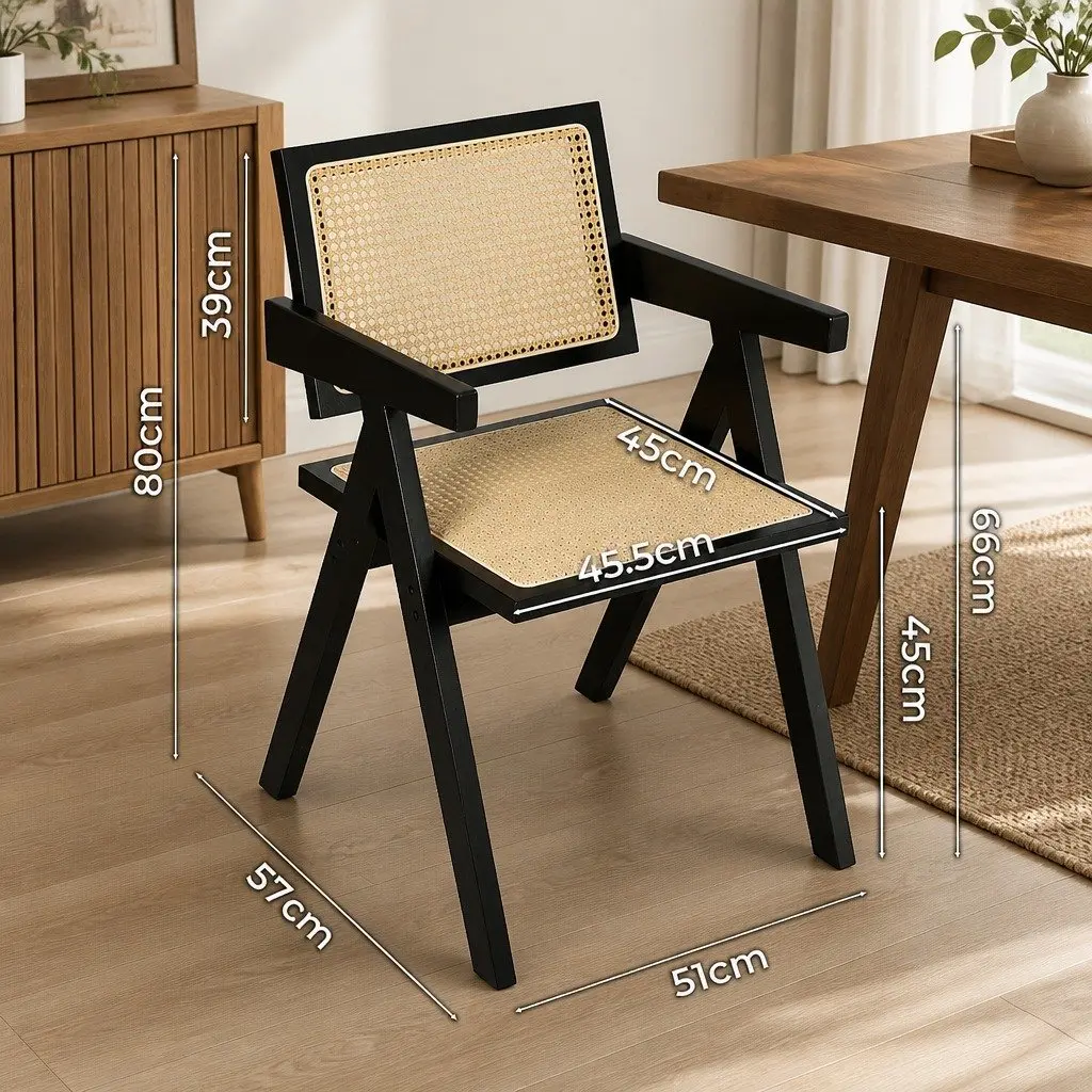 Wicker Armchair Dining Chair Set of 6 Black with Rattan Backrest and Double Layer Elastic Seat Cushion