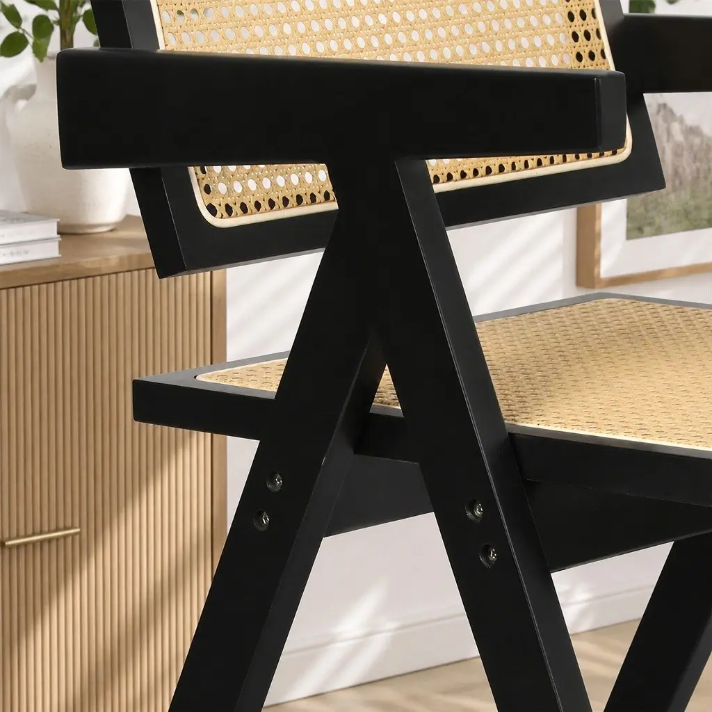 Wicker Armchair Dining Chair Set of 6 Black with Rattan Backrest and Double Layer Elastic Seat Cushion