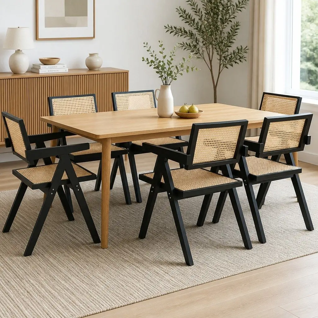 Wicker Armchair Dining Chair Set of 6 Black with Rattan Backrest and Double Layer Elastic Seat Cushion