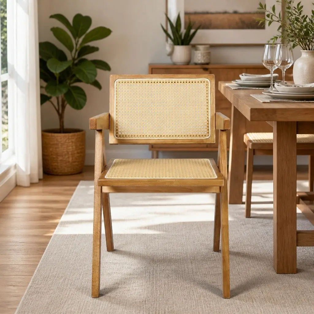 Dining Chair Solid Rubber Wood Rattan Weave Natural Seat Cushion 45cm Height
