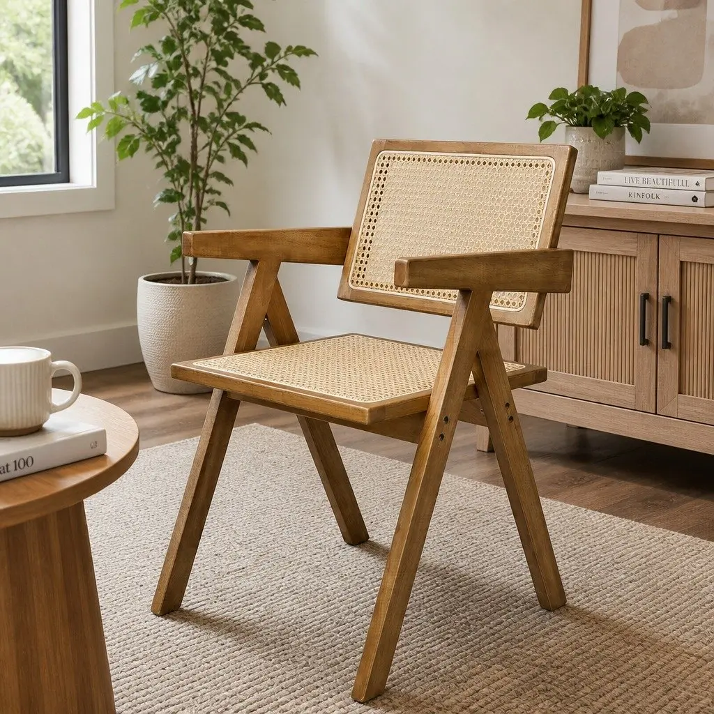 Dining Chair Solid Rubber Wood Rattan Weave Natural Seat Cushion 45cm Height