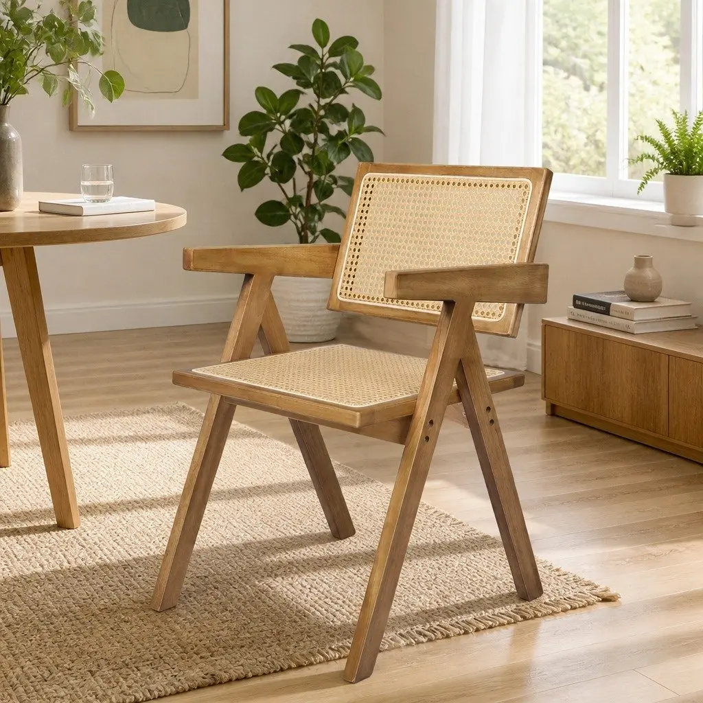Dining Chair Solid Rubber Wood Rattan Weave Natural Seat Cushion 45cm Height