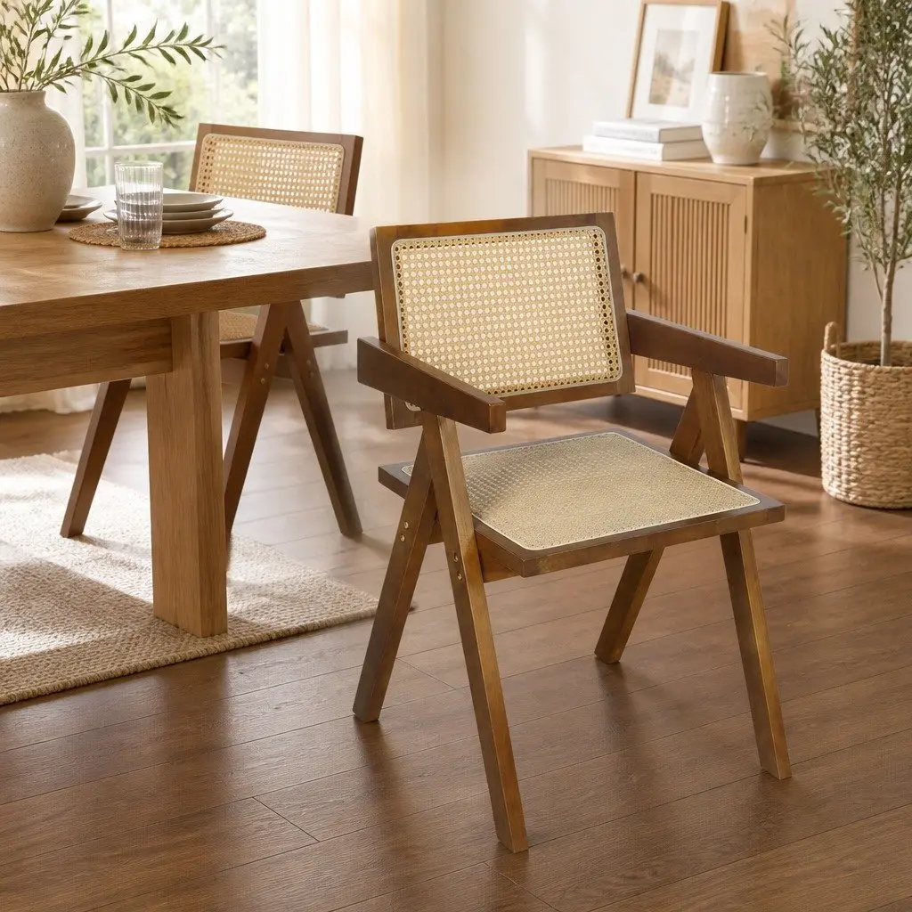 Dining Chair with Rattan and Wood