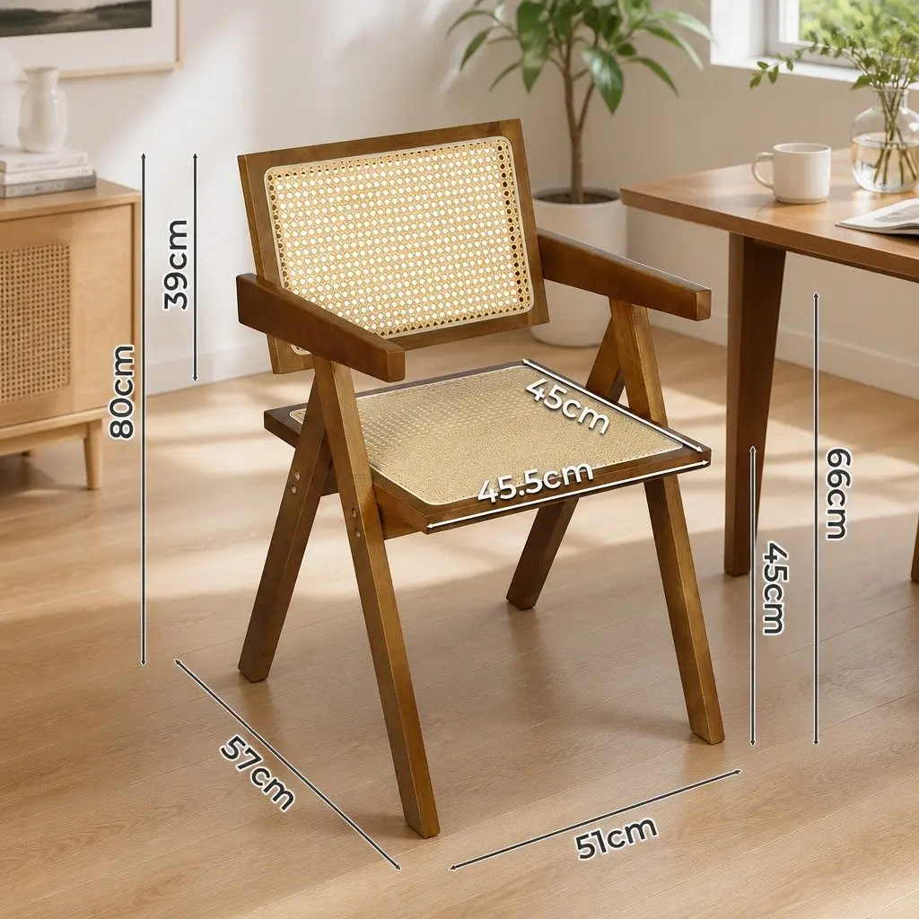 Dining Chair Rattan Weave Wooden Frame Walnut Retro
