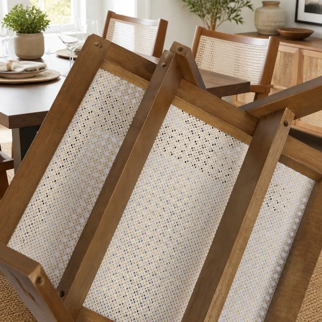Dining Chair Rattan Weave Wooden Frame Walnut Retro