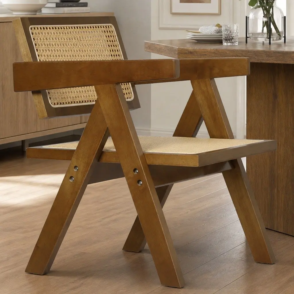 Dining Chair Rattan Weave Wooden Frame Walnut Retro