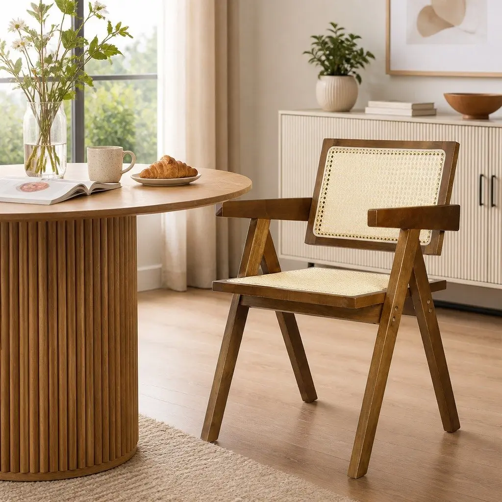 Dining Chair Rattan Weave Wooden Frame Walnut Retro
