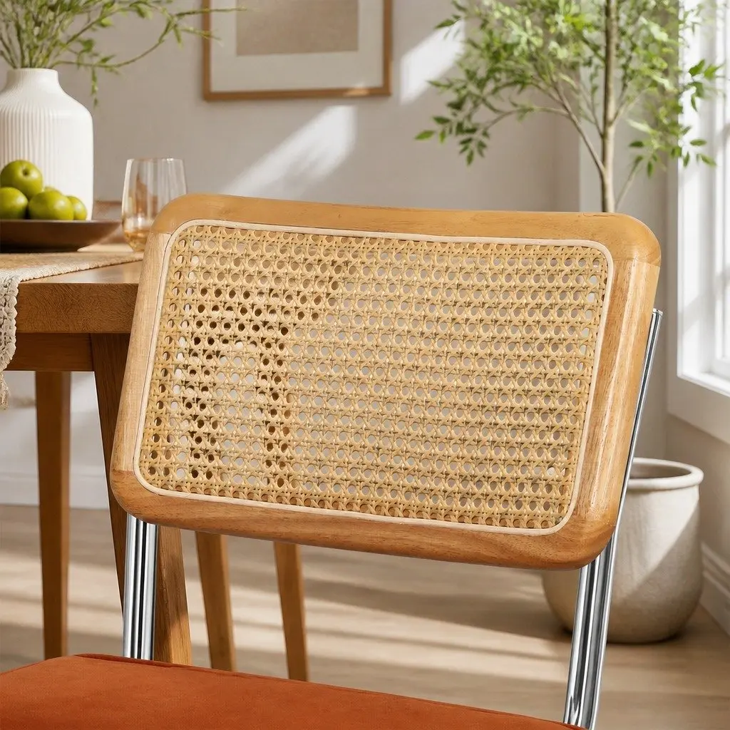 Dining Chairs Set of 8 Rattan Backrest Cantilevered Steel Frame Padded Seat