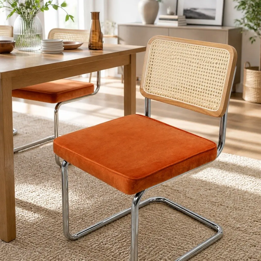 Dining Chairs Set of 8 Rattan Backrest Cantilevered Steel Frame Padded Seat
