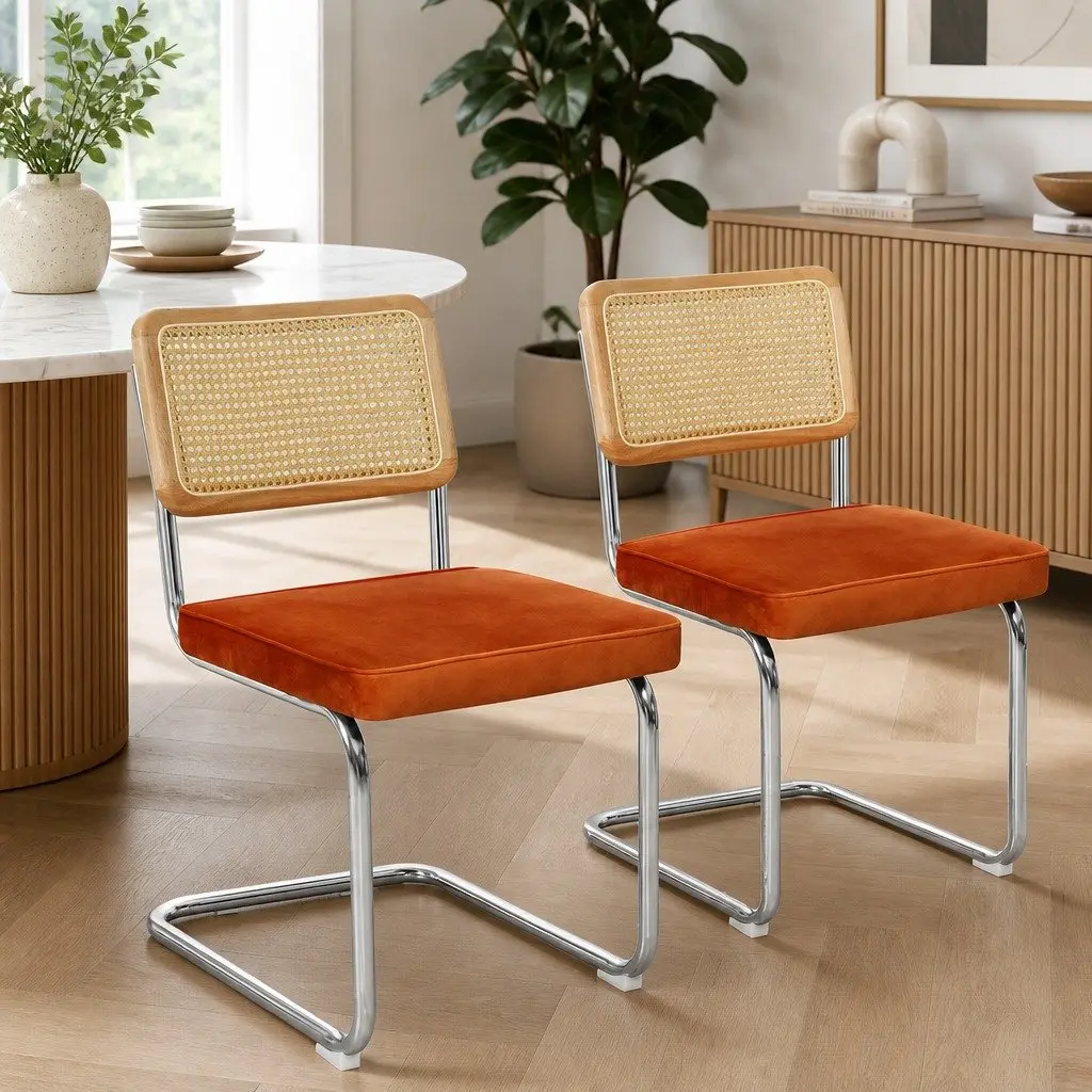 Dining Chairs Rattan Backrest Velvet Padded Seat Kitchen Lounge Furniture Set