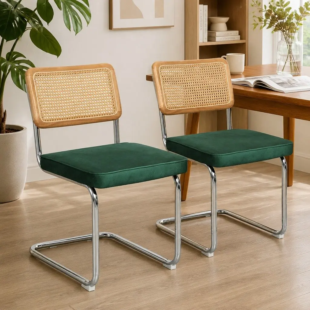 Dining Chairs Set of 4 Cantilever Frame Woven PE Rattan Backrest Velvet Padded Seat