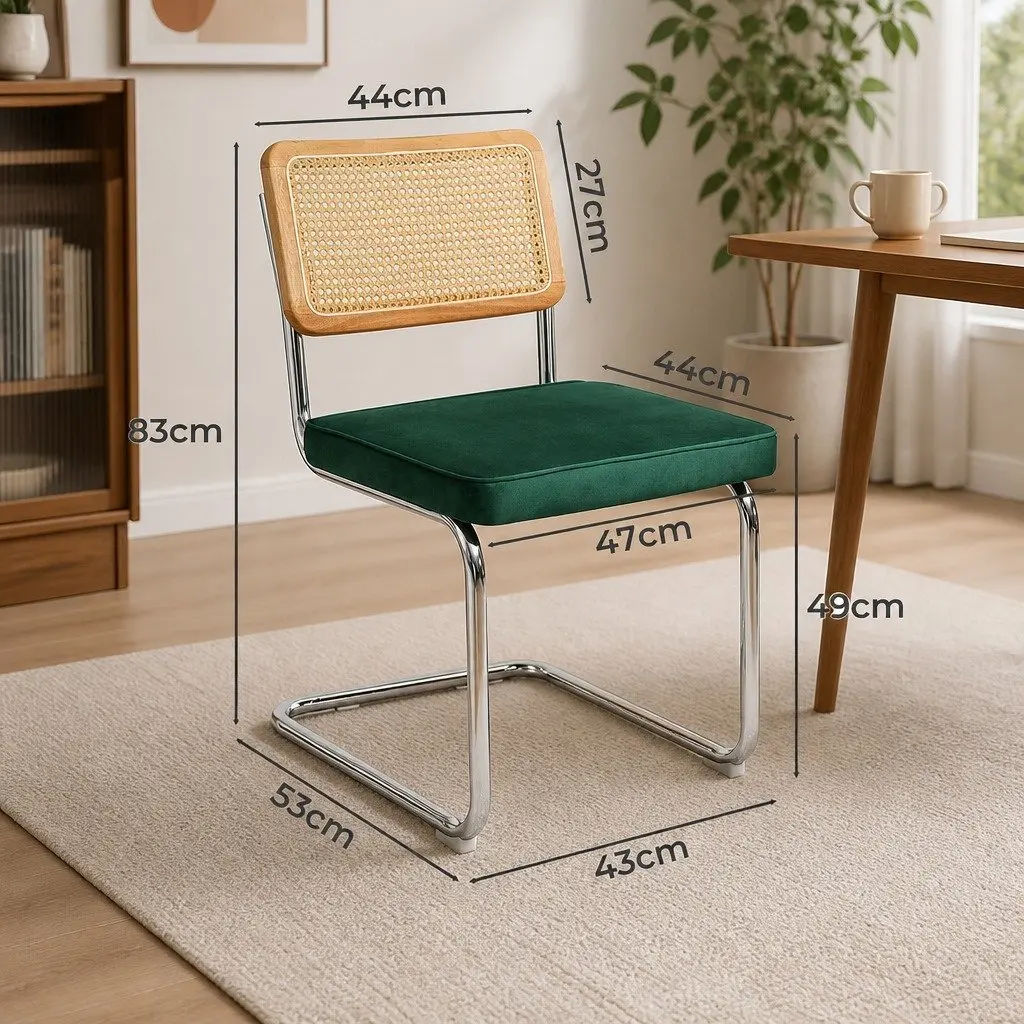 Dining Chairs Set of 4 Cantilever Frame Woven PE Rattan Backrest Velvet Padded Seat