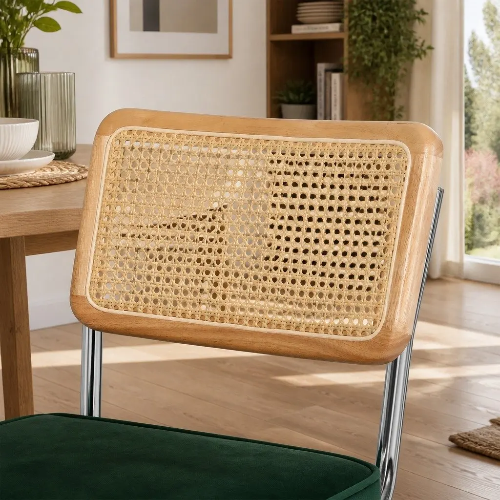 Dining Chairs Set of 4 Cantilever Frame Woven PE Rattan Backrest Velvet Padded Seat