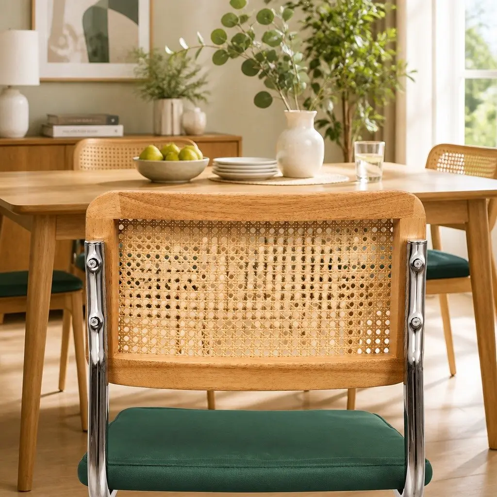 Dining Chairs Set of 4 Cantilever Frame Woven PE Rattan Backrest Velvet Padded Seat