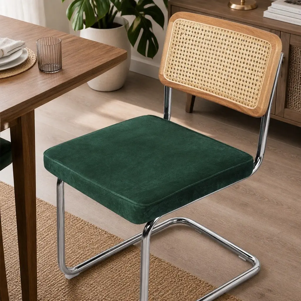 Dining Chairs Set of 4 Cantilever Frame Woven PE Rattan Backrest Velvet Padded Seat