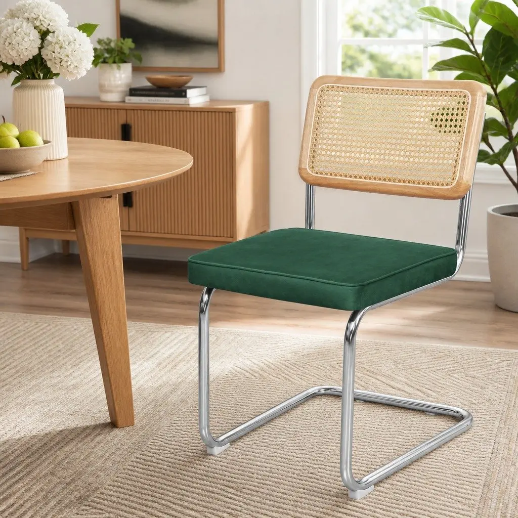 Dining Chairs Set of 4 Cantilever Frame Woven PE Rattan Backrest Velvet Padded Seat