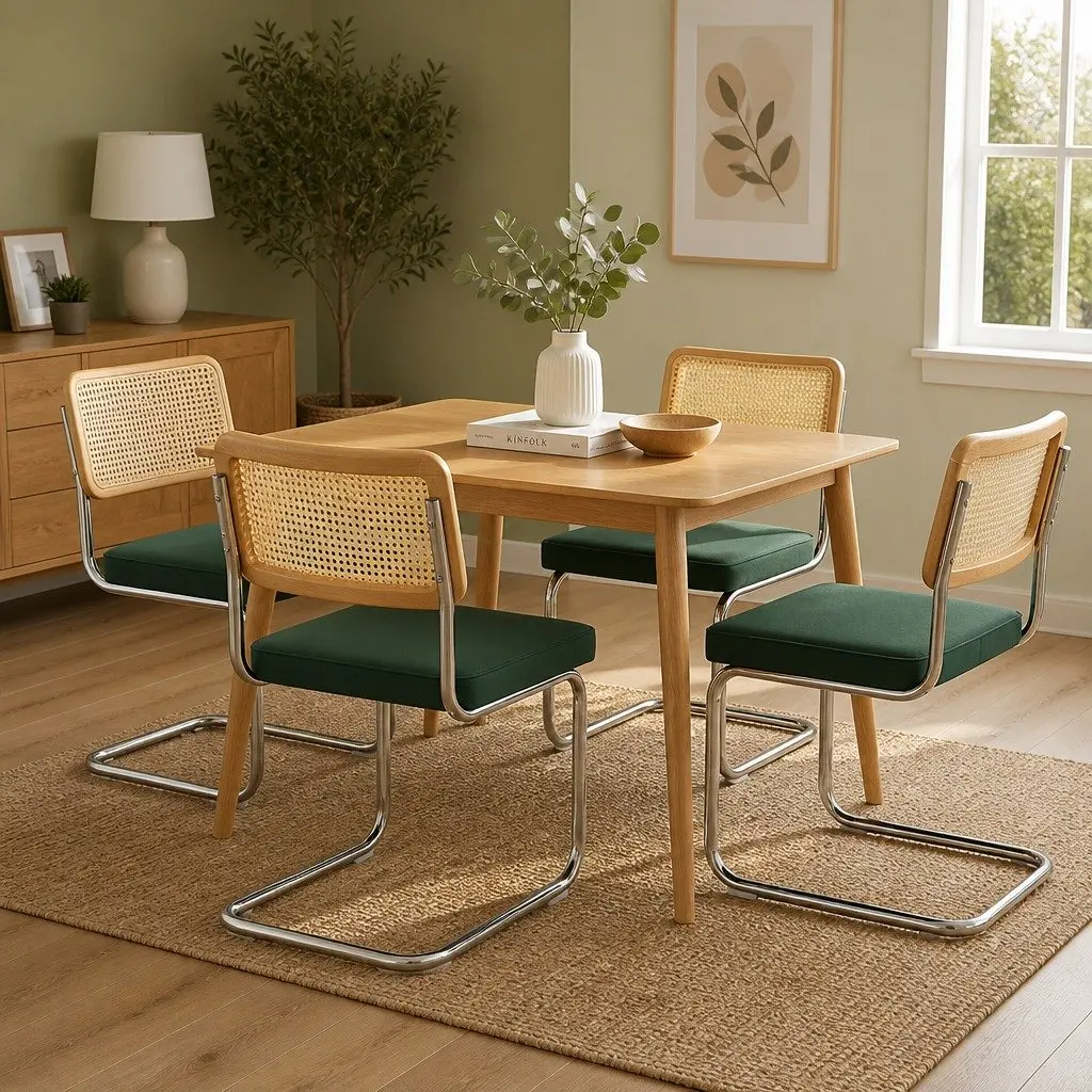 Dining Chairs Set of 4 Cantilever Frame Woven PE Rattan Backrest Velvet Padded Seat