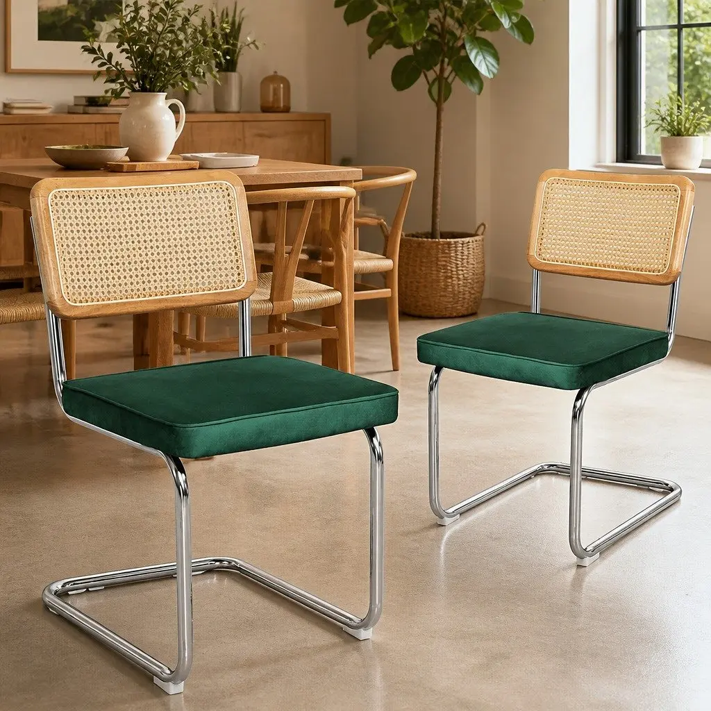 Dining Chairs Set of 4 Cantilever Frame Woven PE Rattan Backrest Velvet Padded Seat