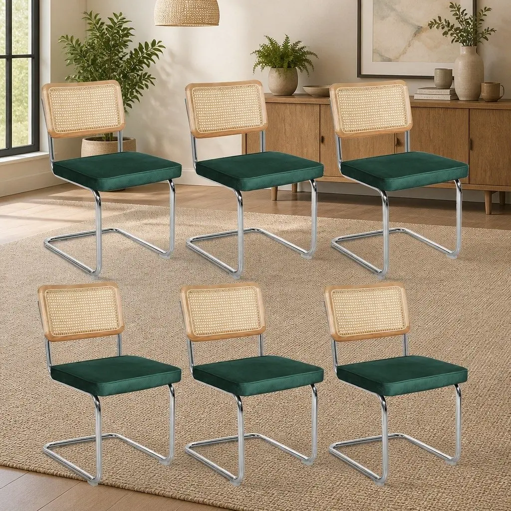 Dining Chairs Set of 6 Cantilever Steel Frame Woven PE Backrest Velvet Padded Seat