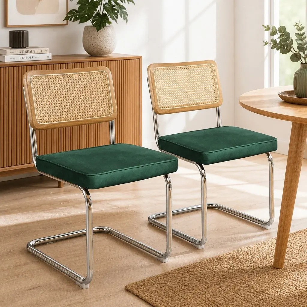 Dining Chairs Set of 6 Cantilever Steel Frame Woven PE Backrest Velvet Padded Seat
