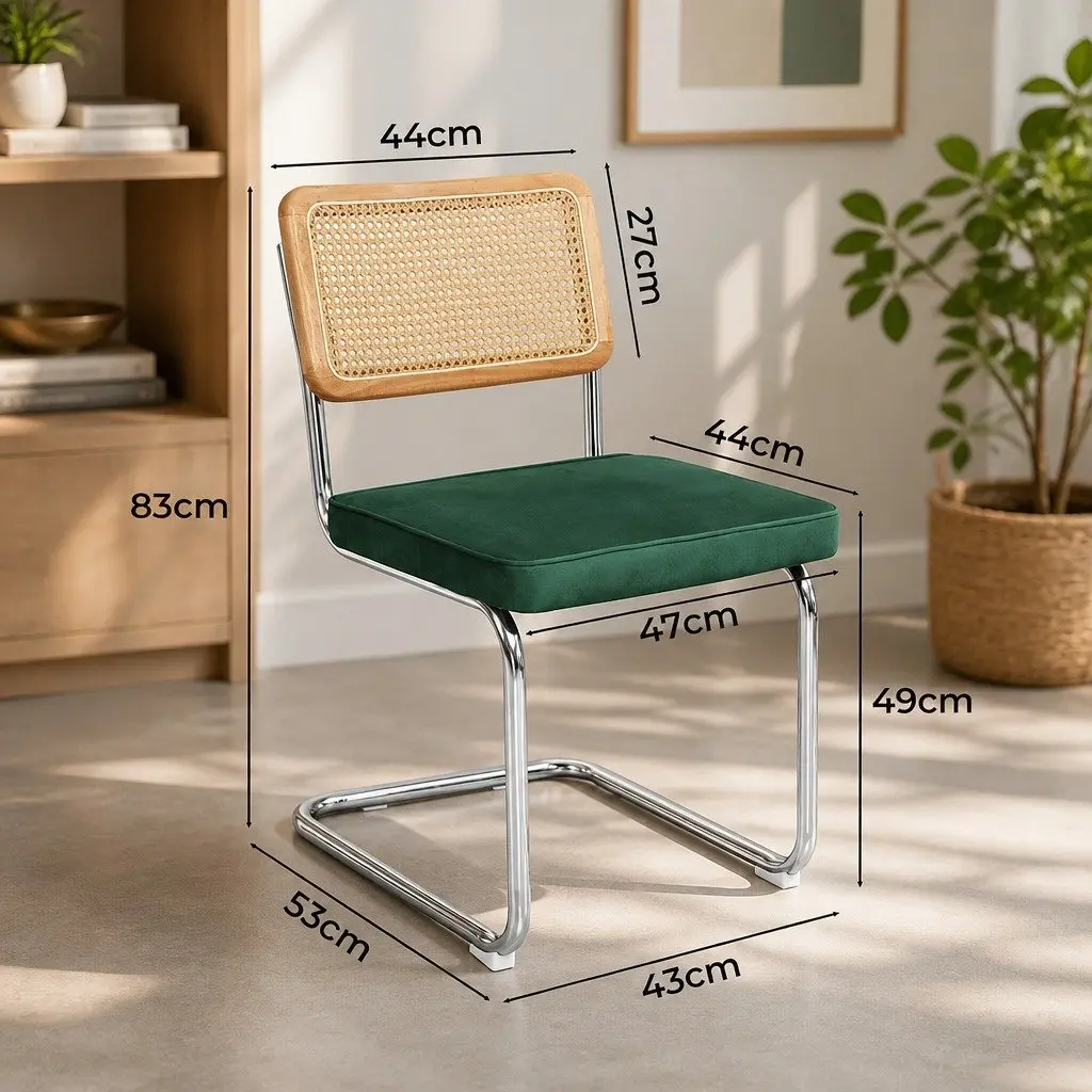 Dining Chairs Set of 6 Cantilever Steel Frame Woven PE Backrest Velvet Padded Seat
