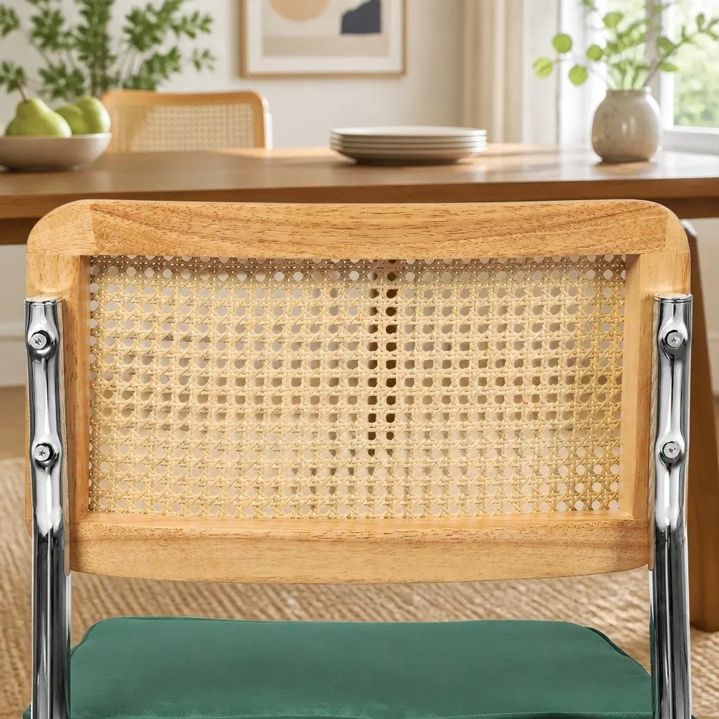 Dining Chairs Set of 6 Cantilever Steel Frame Woven PE Backrest Velvet Padded Seat