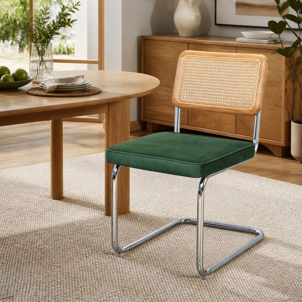 Dining Chairs Set of 6 Cantilever Steel Frame Woven PE Backrest Velvet Padded Seat