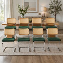 Rattan Dining Chairs Set of 8 Cantilevered Steel Frame Padded Seat Kitchen