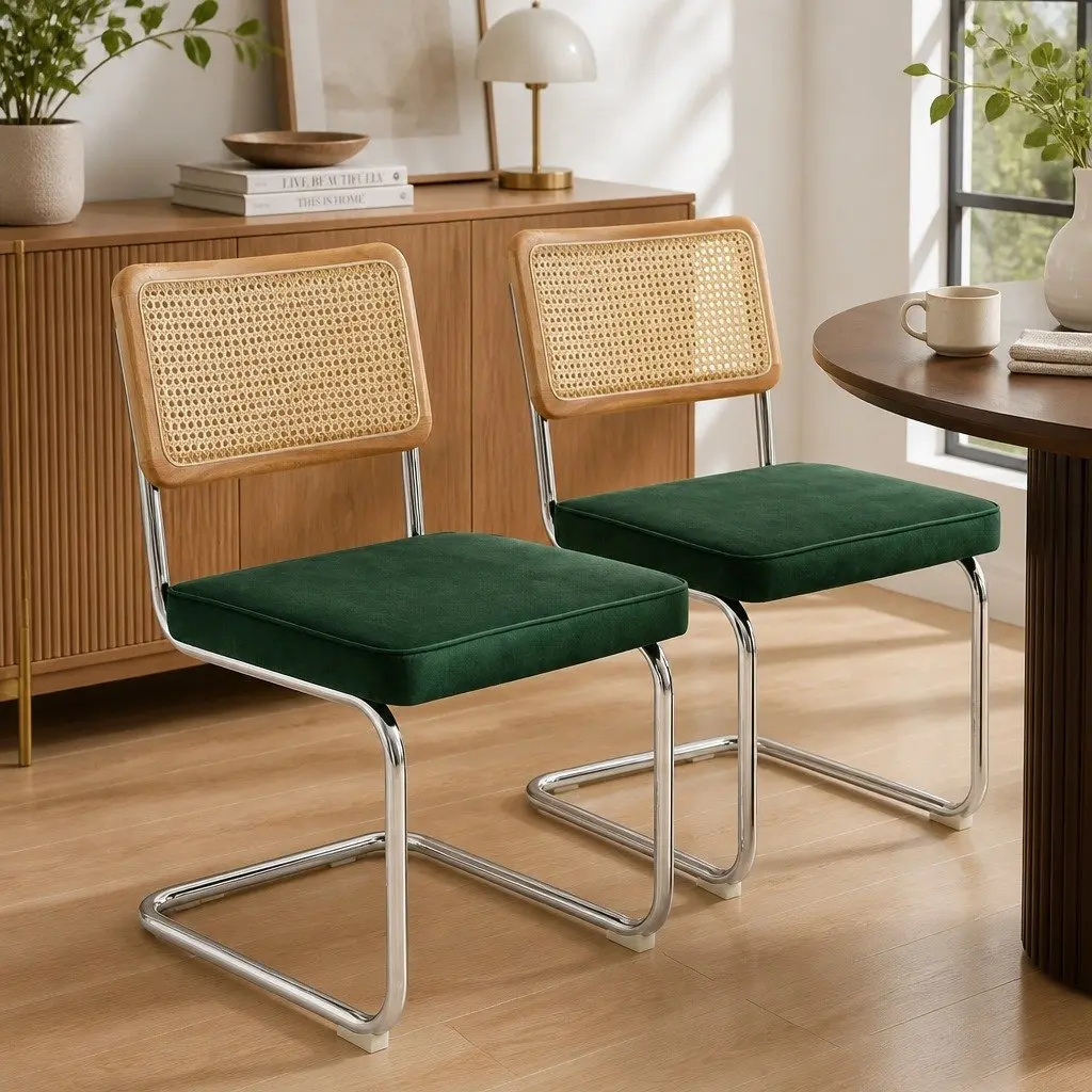 Rattan Dining Chairs Set of 8 Cantilevered Steel Frame Padded Seat Kitchen