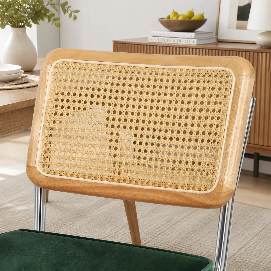 Rattan Dining Chairs Set of 8 Cantilevered Steel Frame Padded Seat Kitchen