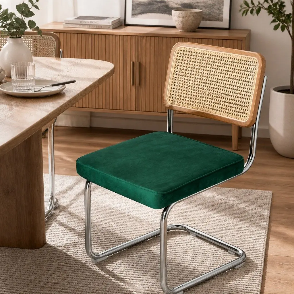 Rattan Dining Chairs Set of 8 Cantilevered Steel Frame Padded Seat Kitchen