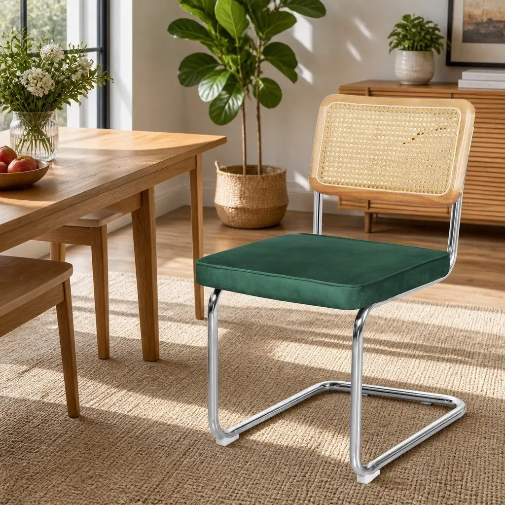 Rattan Dining Chairs Set of 8 Cantilevered Steel Frame Padded Seat Kitchen
