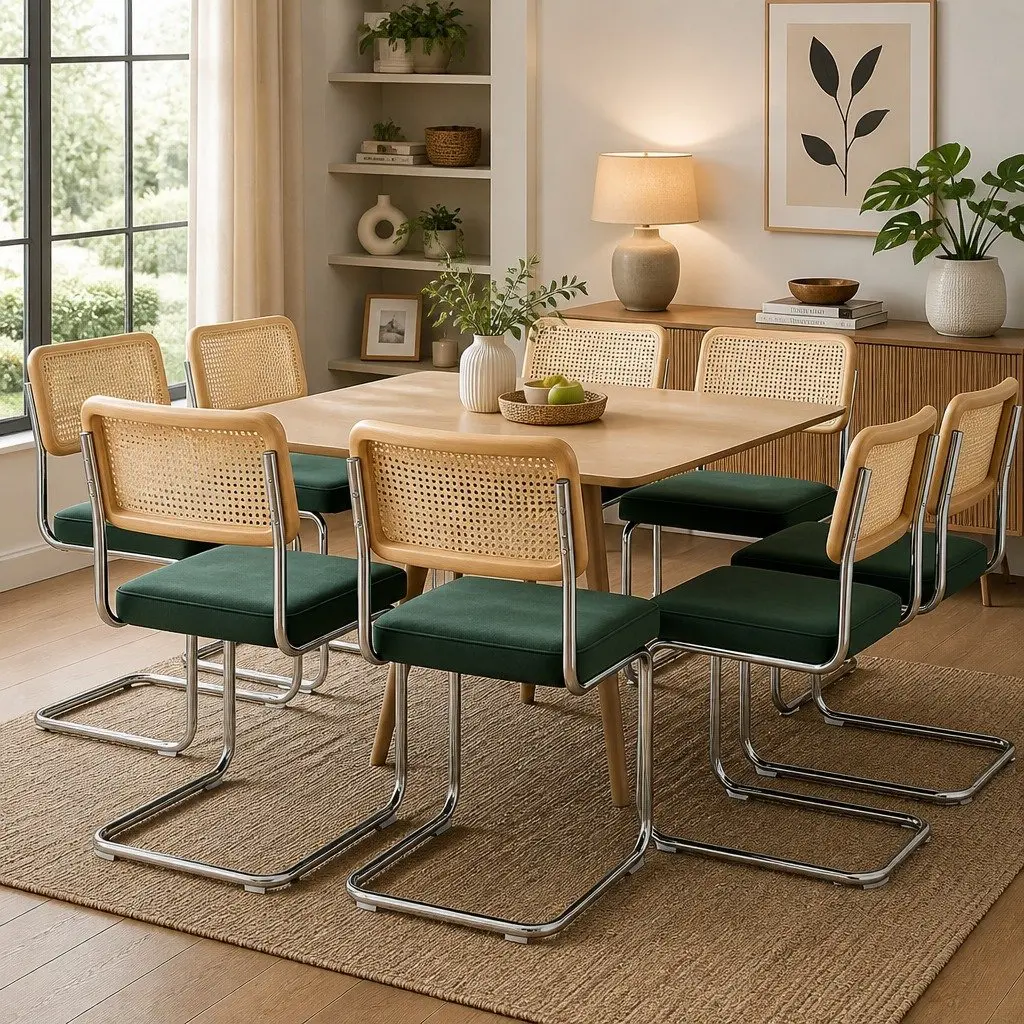Rattan Dining Chairs Set of 8 Cantilevered Steel Frame Padded Seat Kitchen