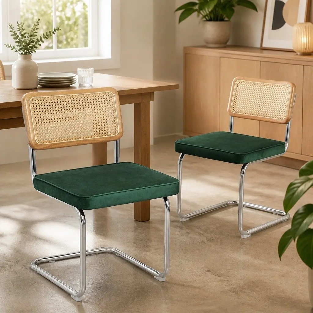 Dining Chairs Rattan Backrest Padded Seat Steel Frame Green Natural