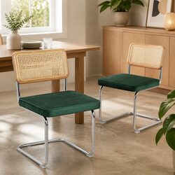 Dining Chairs Set of 2 Rattan Backrest Padded Seat Steel Frame Green Natural