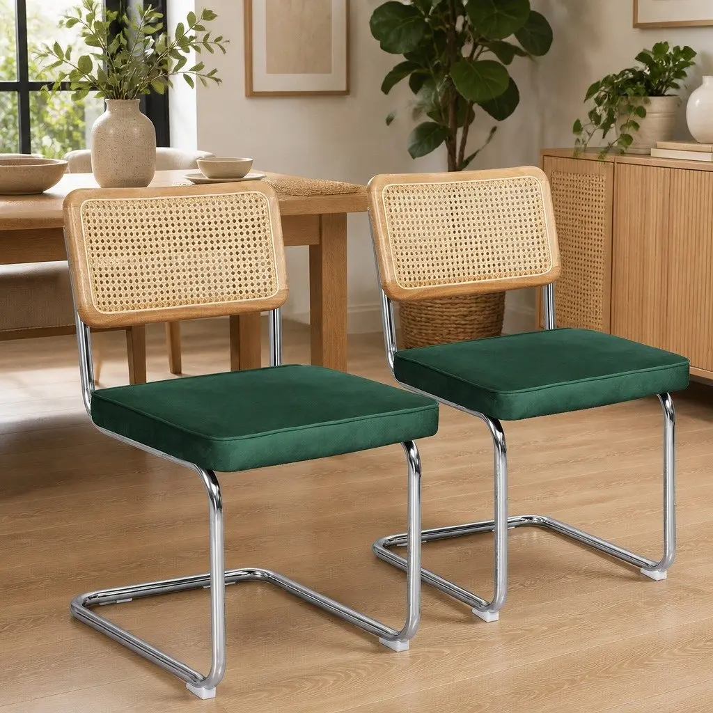 Dining Chairs Rattan Backrest Padded Seat Steel Frame Green Natural