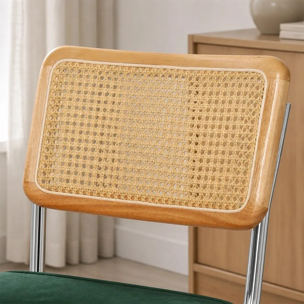 Dining Chairs Rattan Backrest Padded Seat Steel Frame Green Natural